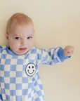 Bubble Romper | Checkered Smiley Blue