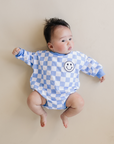 Bubble Romper | Checkered Smiley Blue