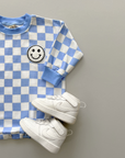 Bubble Romper | Checkered Smiley Blue