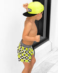 Hybrid Swim Trunks in Neon Electric Lime Smileys - PREORDER