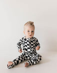 Bamboo Zip Pajamas | Black & White Wavy Checkerboard