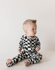Bamboo Zip Pajamas | Black & White Wavy Checkerboard
