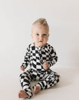 Bamboo Zip Pajamas | Black & White Wavy Checkerboard