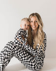 Bamboo Zip Pajamas | Black & White Wavy Checkerboard