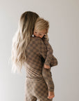Women's Bamboo Pajama | Faded Brown Checkerboard || MATCHING KIDS