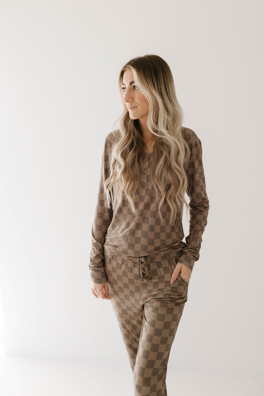 Women's Bamboo Pajama | Faded Brown Checkerboard || MATCHING KIDS