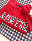 Custom Festive Plaid Applique Waffle Sleeve Crewneck - Ruby