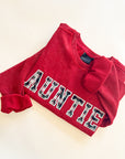 Custom Festive Plaid Applique Waffle Sleeve Crewneck - Ruby
