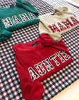 Custom Festive Plaid Applique Waffle Sleeve Crewneck - Ruby
