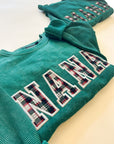 Custom Festive Plaid Applique Waffle Sleeve Crewneck - Pine