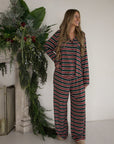 Women's Bamboo Button Up Lounge Set | Holiday Stripe