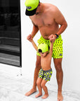 Hybrid Swim Trunks in Neon Electric Lime Smileys - PREORDER
