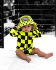UPF50+ Boys Swim Romper in Neon Electric Lime + Black Checkered- PREORDER