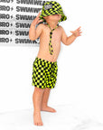 Hybrid Swim Trunks in Neon Electric Lime + Black Checkered || PREORDER