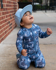 Bamboo Zip Romper | Blue Camo Bolts