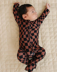 Bamboo Zip Romper | Chocolate Wavy Checkered