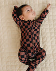 Bamboo Zip Romper | Chocolate Wavy Checkered