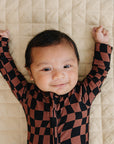 Bamboo Zip Romper | Chocolate Wavy Checkered