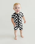 Bamboo Shorty Romper | Black Checkered