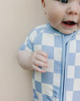 Bamboo Shorty Romper | Blue Checkered