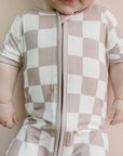 Bamboo Shorty Romper | Latte Checkered
