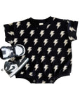 Short Sleeve Bubble Romper | Black Bolts