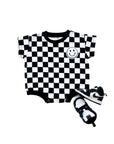 Short Sleeve Bubble Romper | Checkered Smiley Black