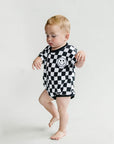 Short Sleeve Bubble Romper | Checkered Smiley Black