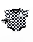 Short Sleeve Bubble Romper | Checkered Smiley Black