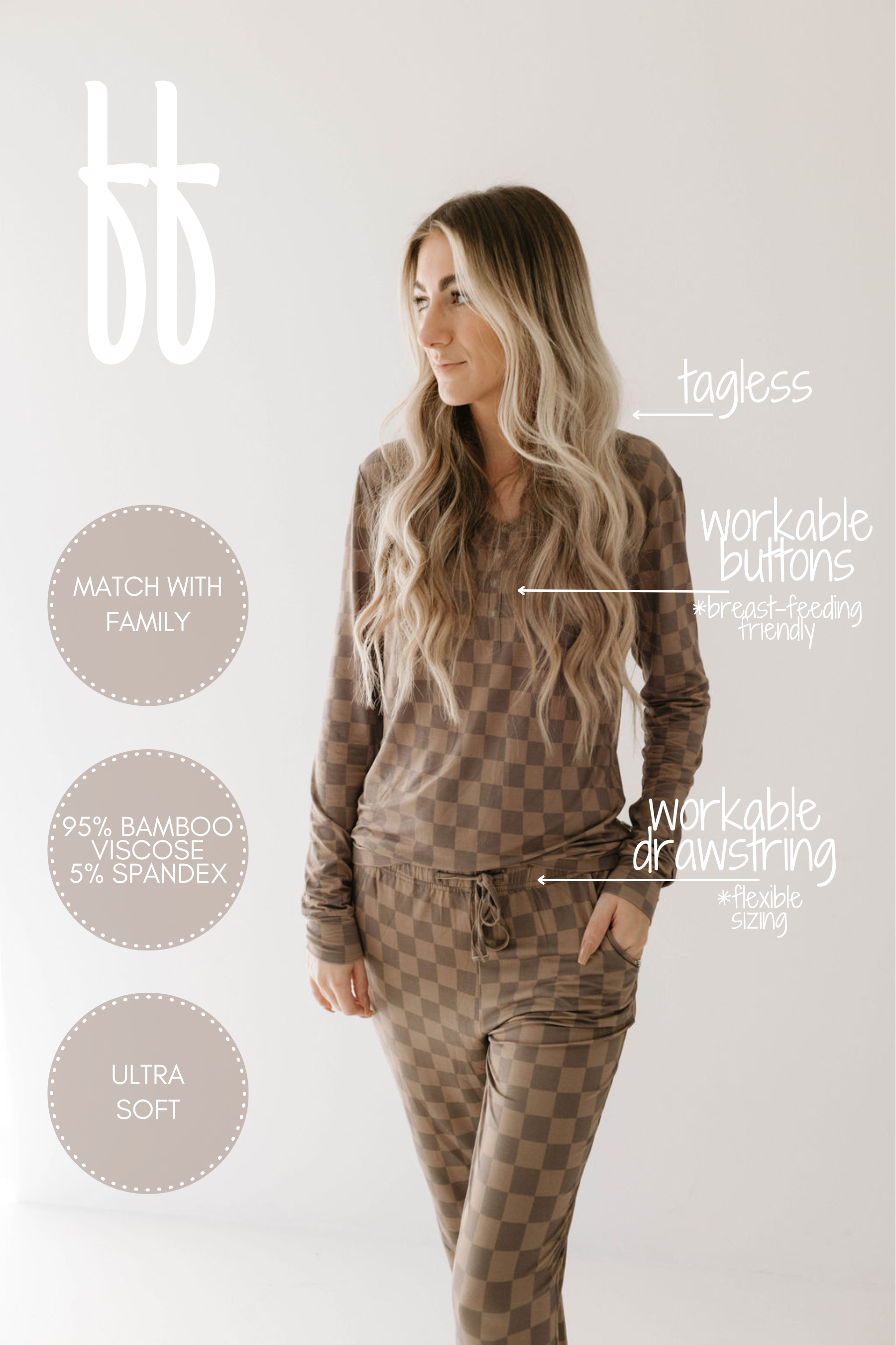 Women's Bamboo Pajama | Faded Brown Checkerboard || MATCHING KIDS
