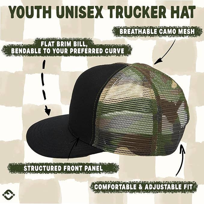 Flat Brim Trucker Hat - Black W/ Camo Mesh