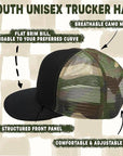 Flat Brim Trucker Hat - Black W/ Camo Mesh