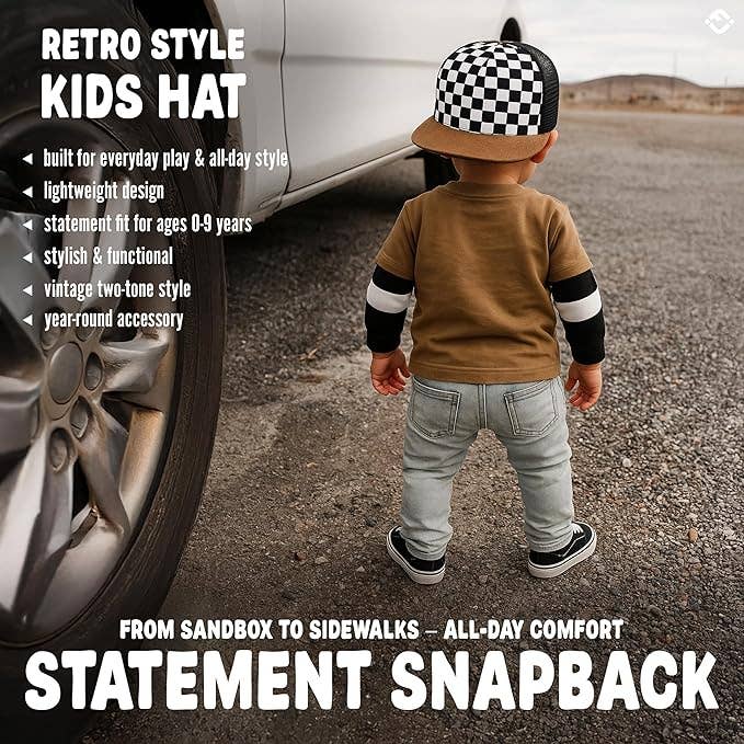 Flat Brim Trucker Hat - Checker/Faux Leather Brim