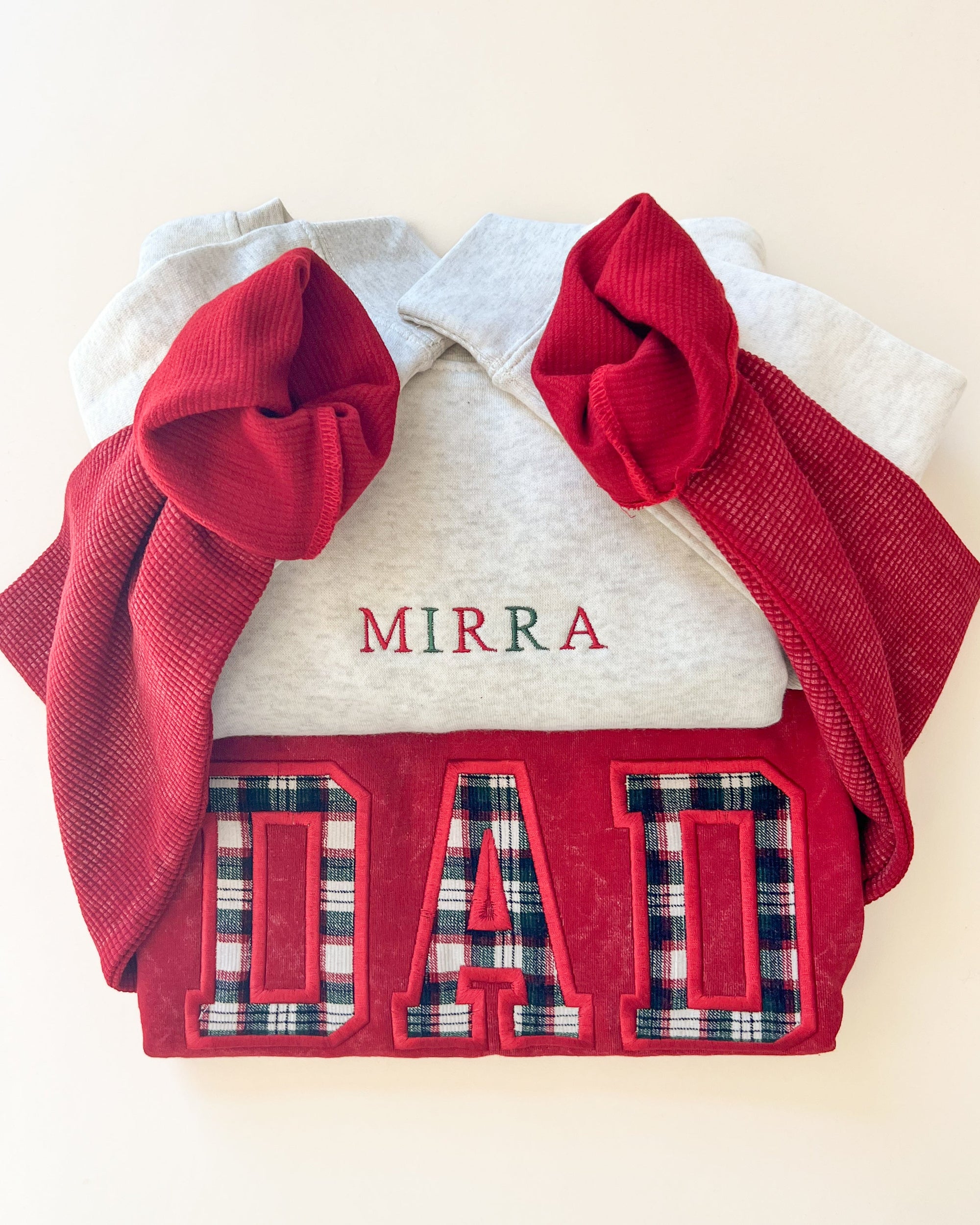 Custom Festive Plaid Applique Waffle Sleeve Crewneck - Ruby