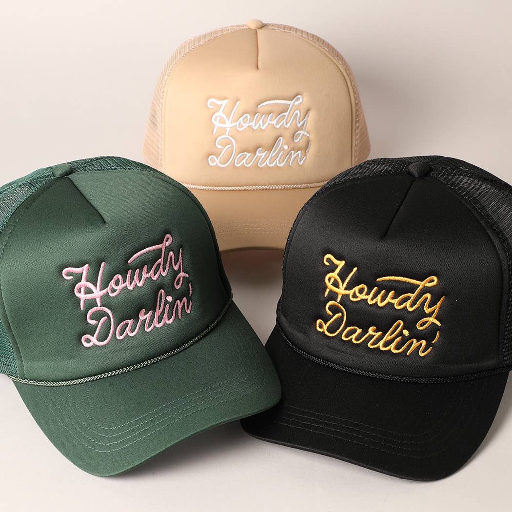 Howdy Darlin&#39; Embroidered Mesh Back Trucker Cap: One Size / BLACK