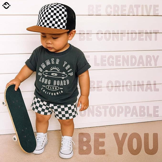 Flat Brim Trucker Hat - Checker/Faux Leather Brim