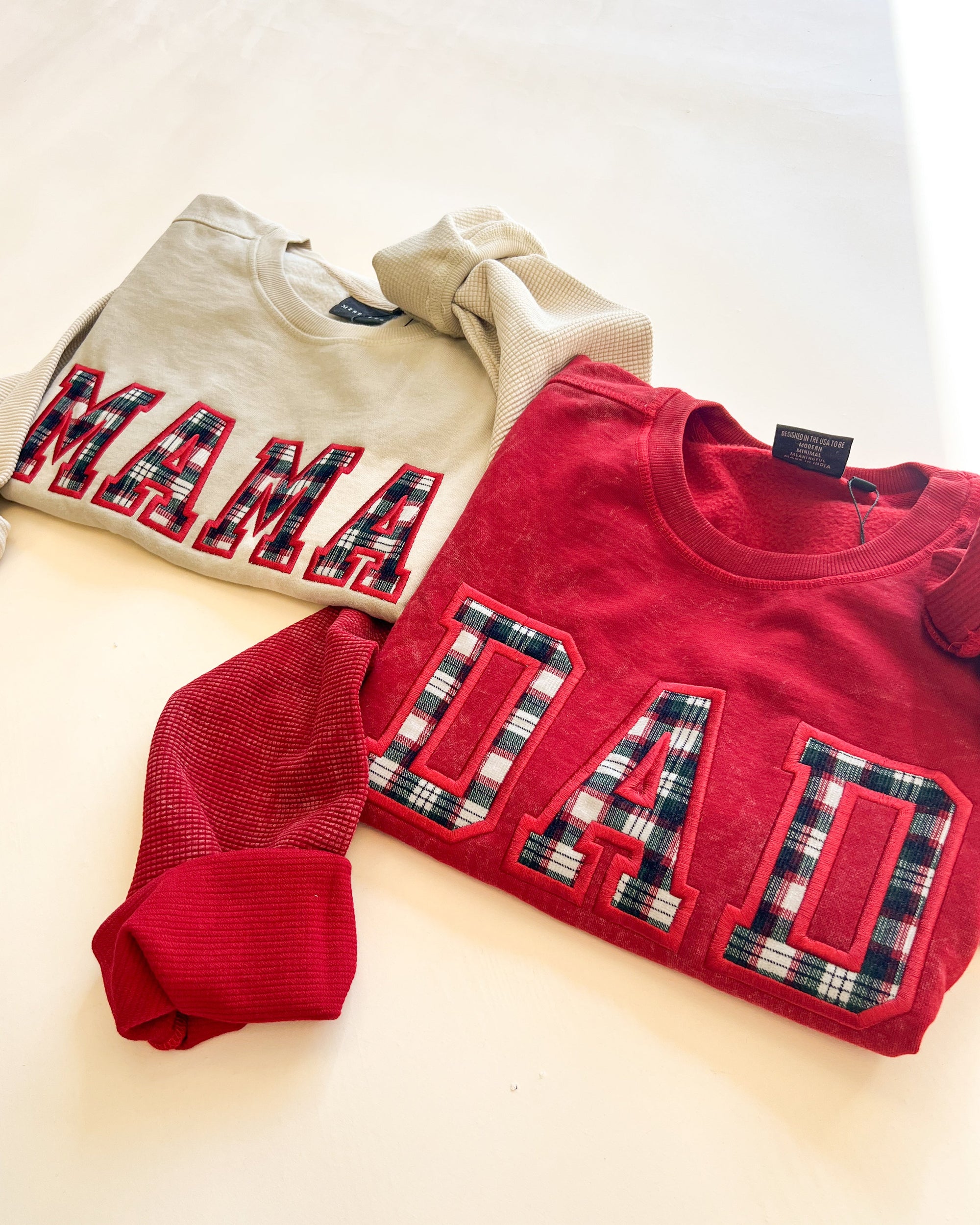 Custom Festive Plaid Applique Waffle Sleeve Crewneck - Ruby