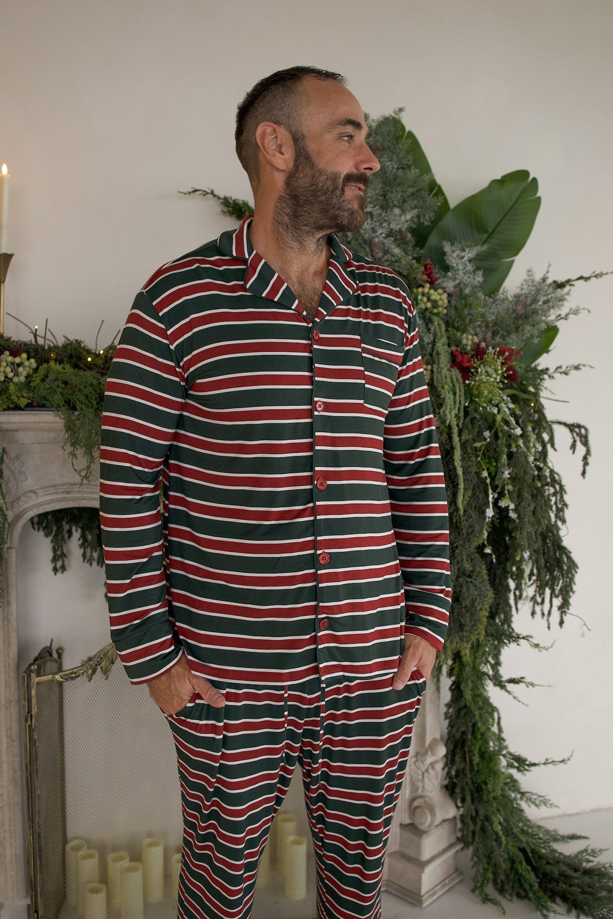 Men's Bamboo Button Up Lounge Set | Holiday Stripe