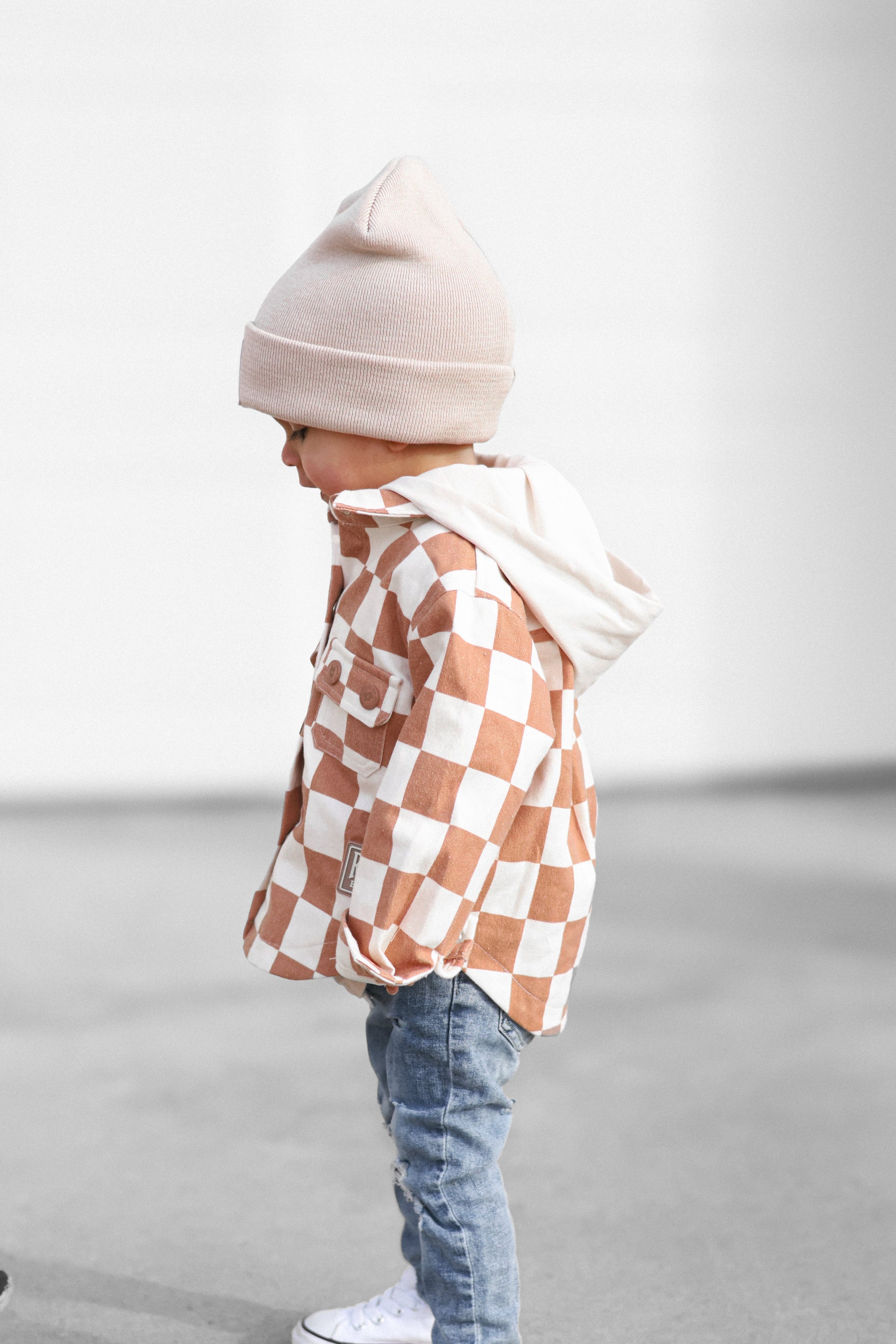 Hooded Flannel in Neutral Checkered