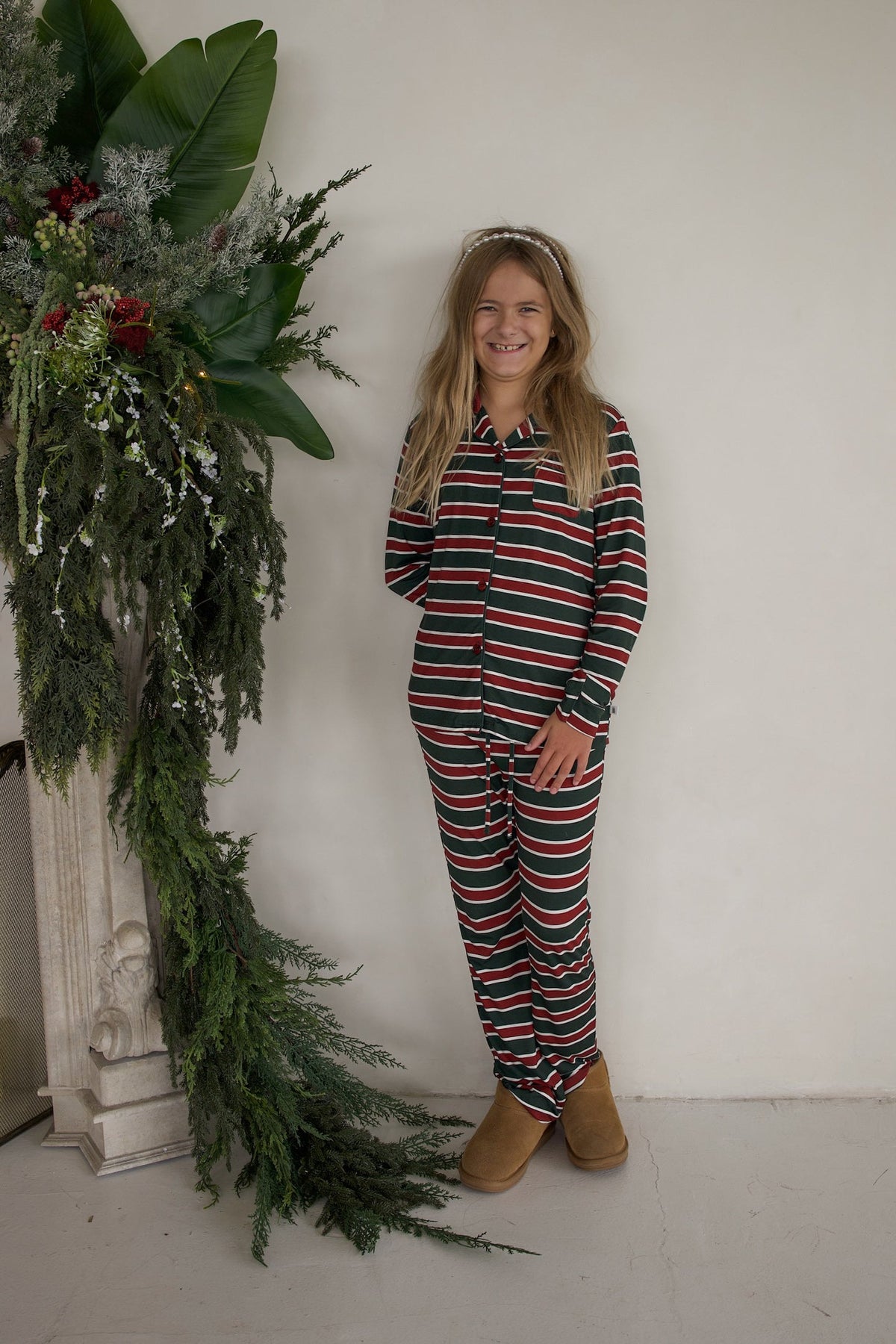 Girl's Bamboo Button Up Lounge Set | Holiday Stripe