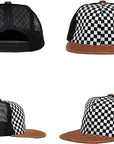 Flat Brim Trucker Hat - Checker/Faux Leather Brim