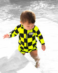 UPF50+ Boys Swim Romper in Neon Electric Lime + Black Checkered- PREORDER