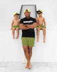 Hybrid Swim Trunks in Neon Electric Lime + Black Checkered || PREORDER