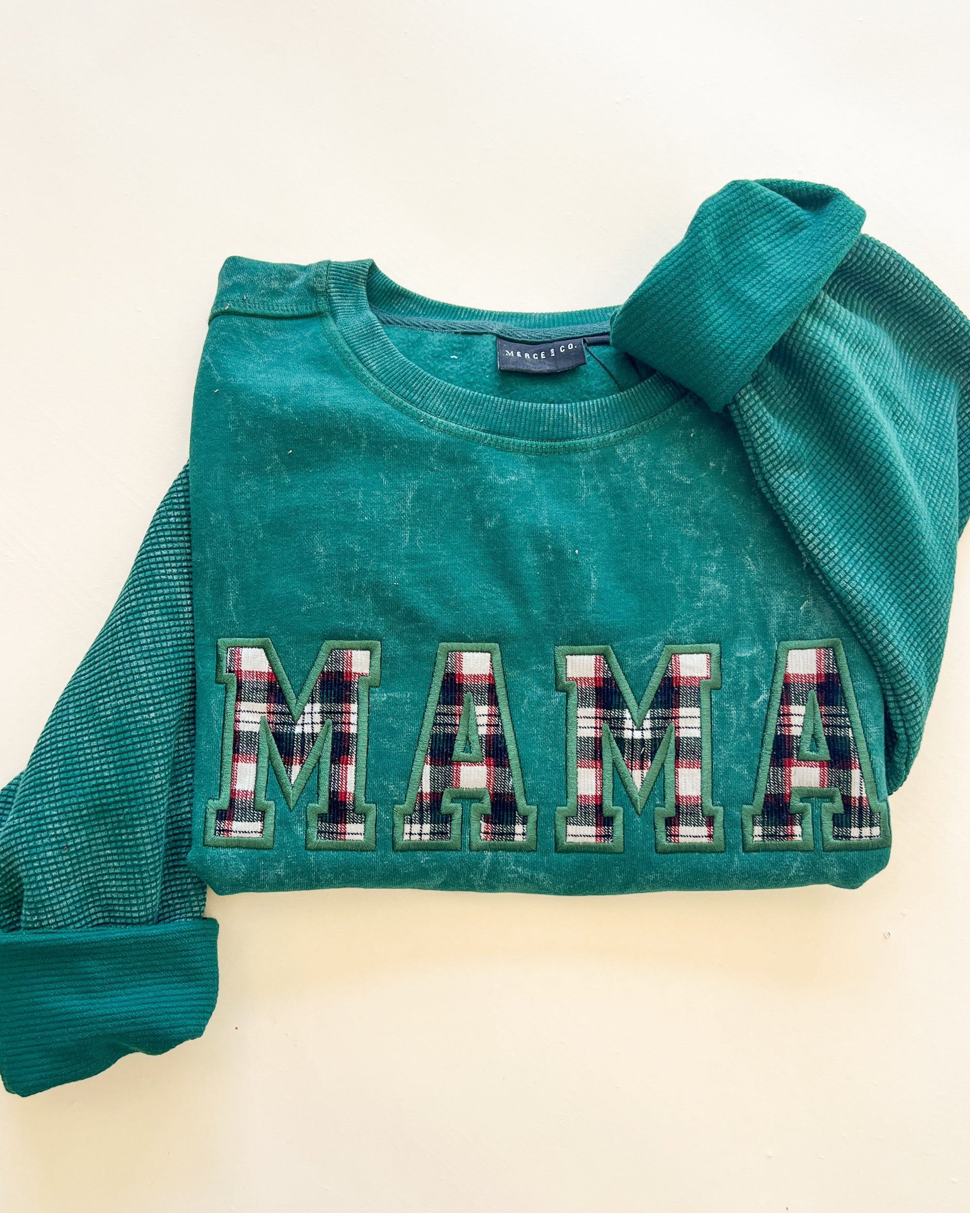 Custom Festive Plaid Applique Waffle Sleeve Crewneck - Pine