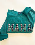 Custom Festive Plaid Applique Waffle Sleeve Crewneck - Pine