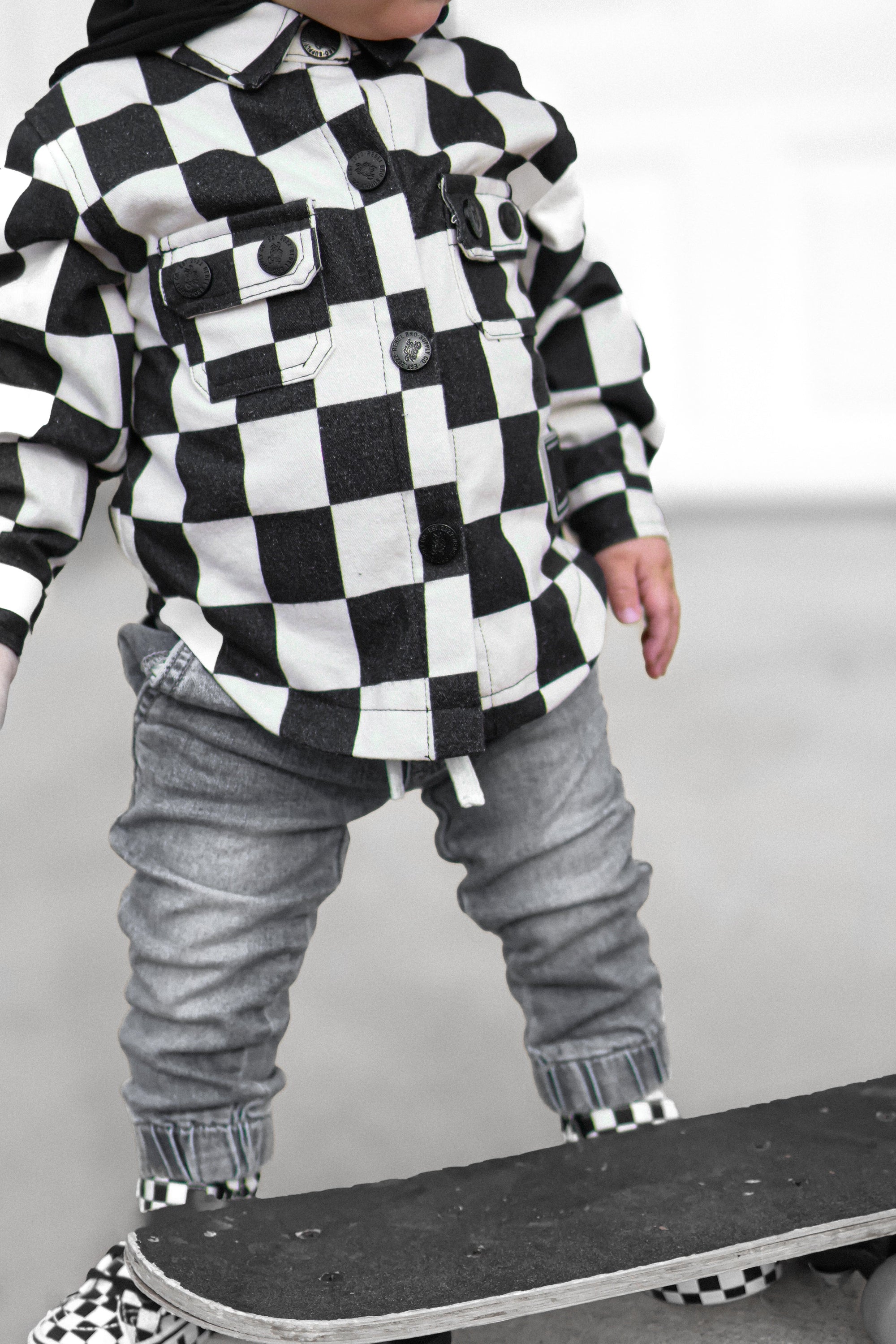 Hooded Flannel in Black + Cream Checkered
