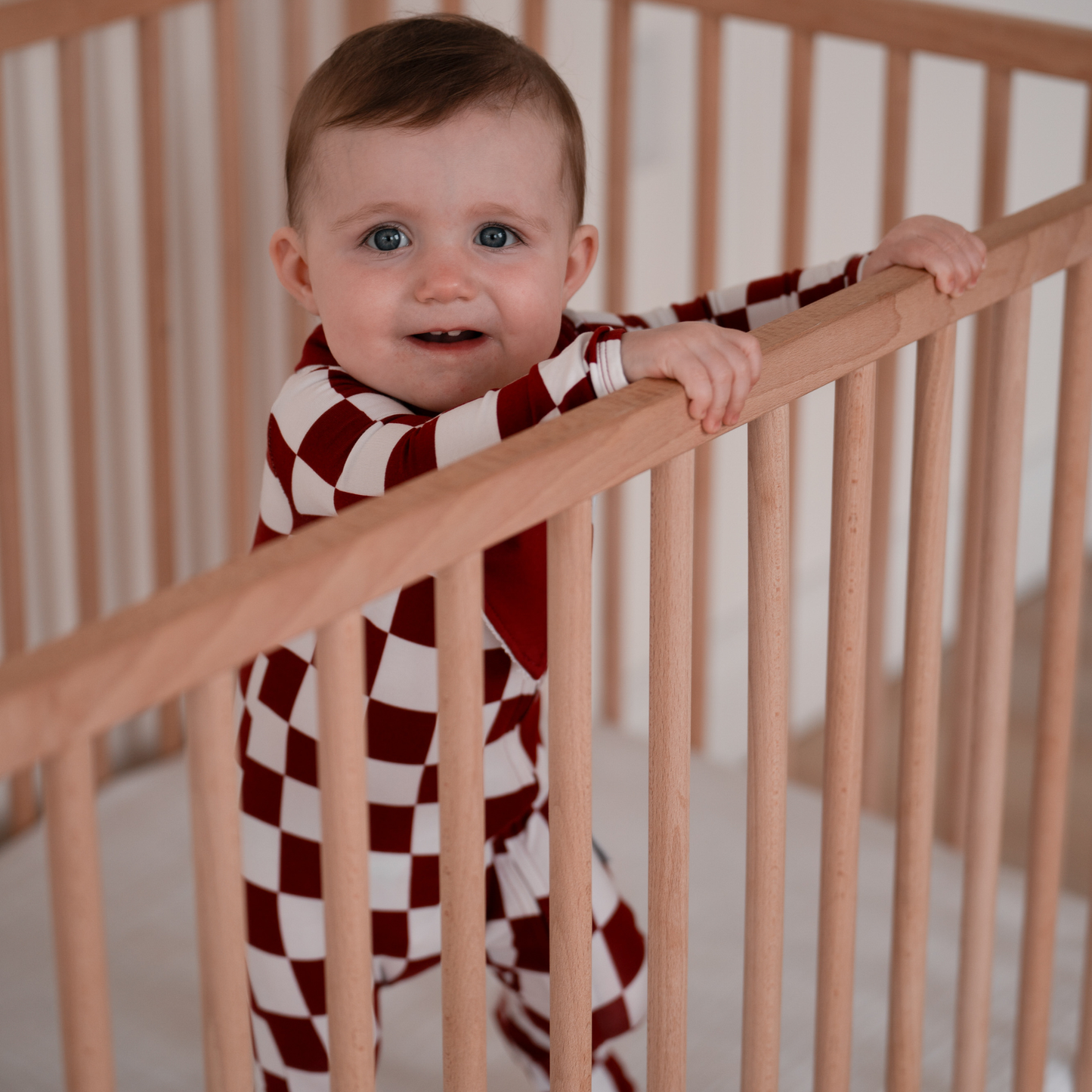 Bamboo Footed Sleeper - Cranberry Check: 3-6M