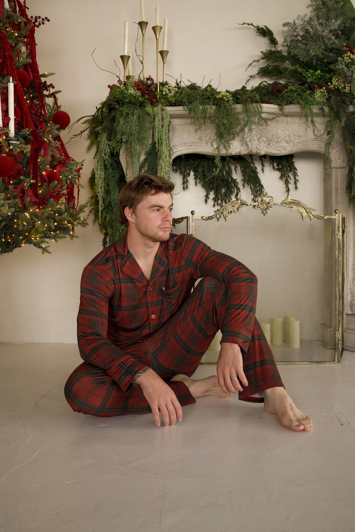 Men's Bamboo Button Up Lounge Set | Christmas Plaid
