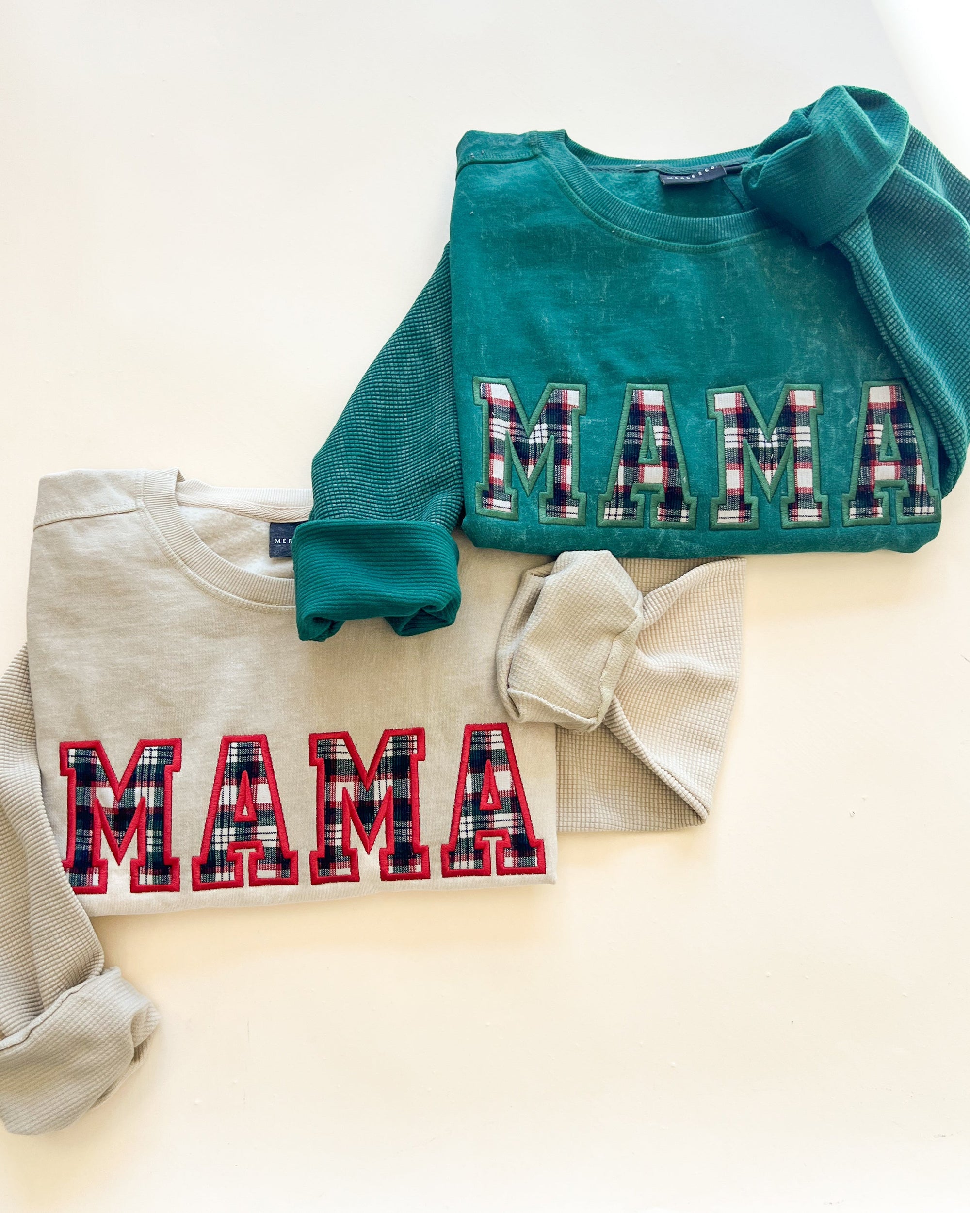 Custom Festive Plaid Applique Waffle Sleeve Crewneck - Pine