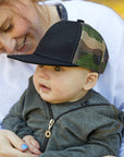 Flat Brim Trucker Hat - Black W/ Camo Mesh